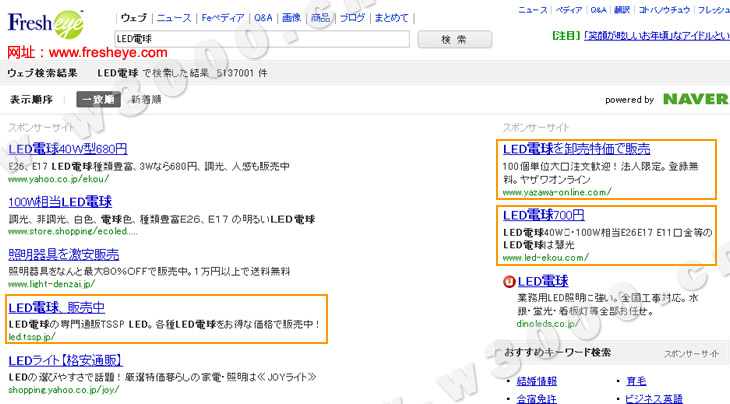 Digi-Ana搜索结果上的雅虎日本联盟广告位置